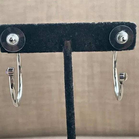 Guess Women Earrings Silver Tone Crystal Bow Hoops Jack Post New - Picture 9 of 11